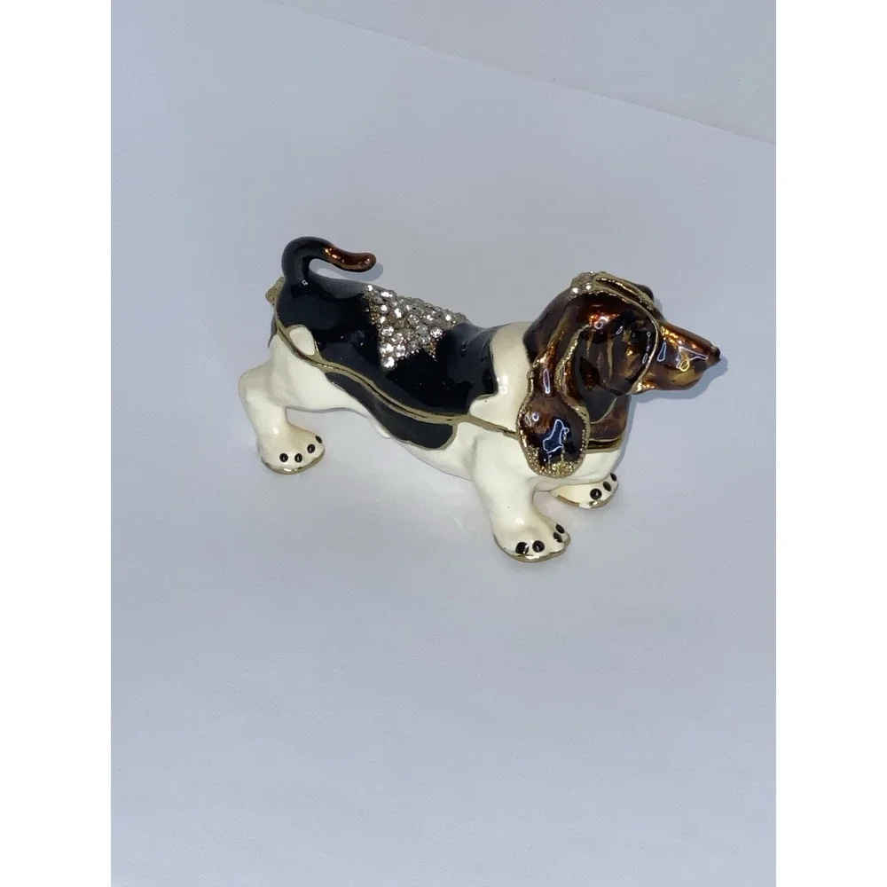 Basset Hound‎ Dog Trinket Box Enamel Crystal Hinged Lid Jeweled Collection
